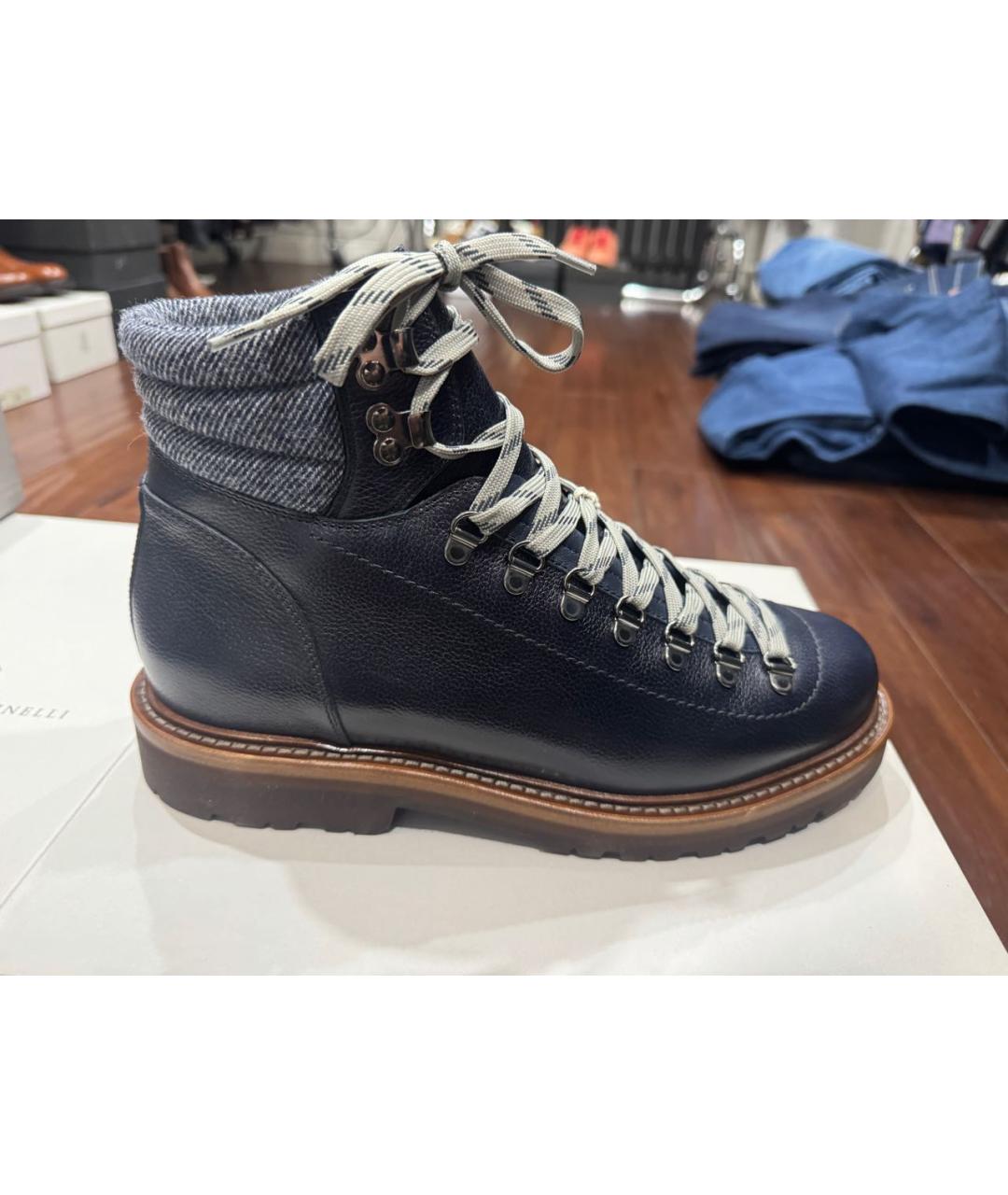 BRUNELLO CUCINELLI Темно-синие кожаные высокие ботинки, фото 5