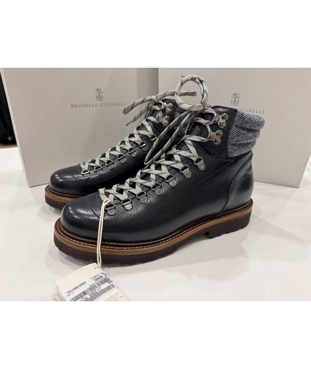BRUNELLO CUCINELLI Темно-синие кожаные высокие ботинки, фото 4