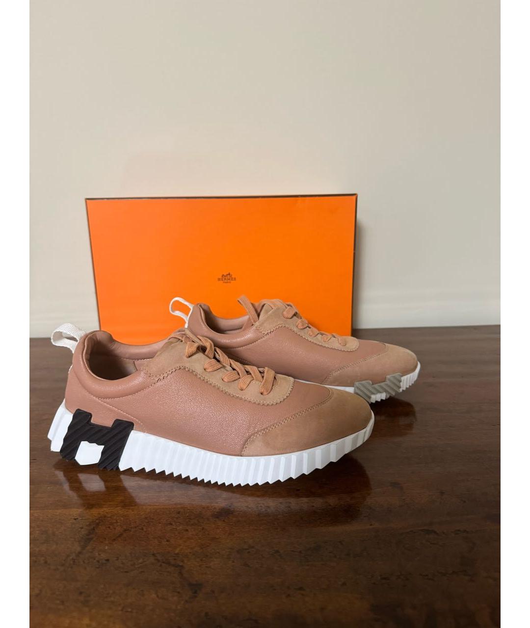 HERMES Бежевые кожаные кроссовки, фото 9