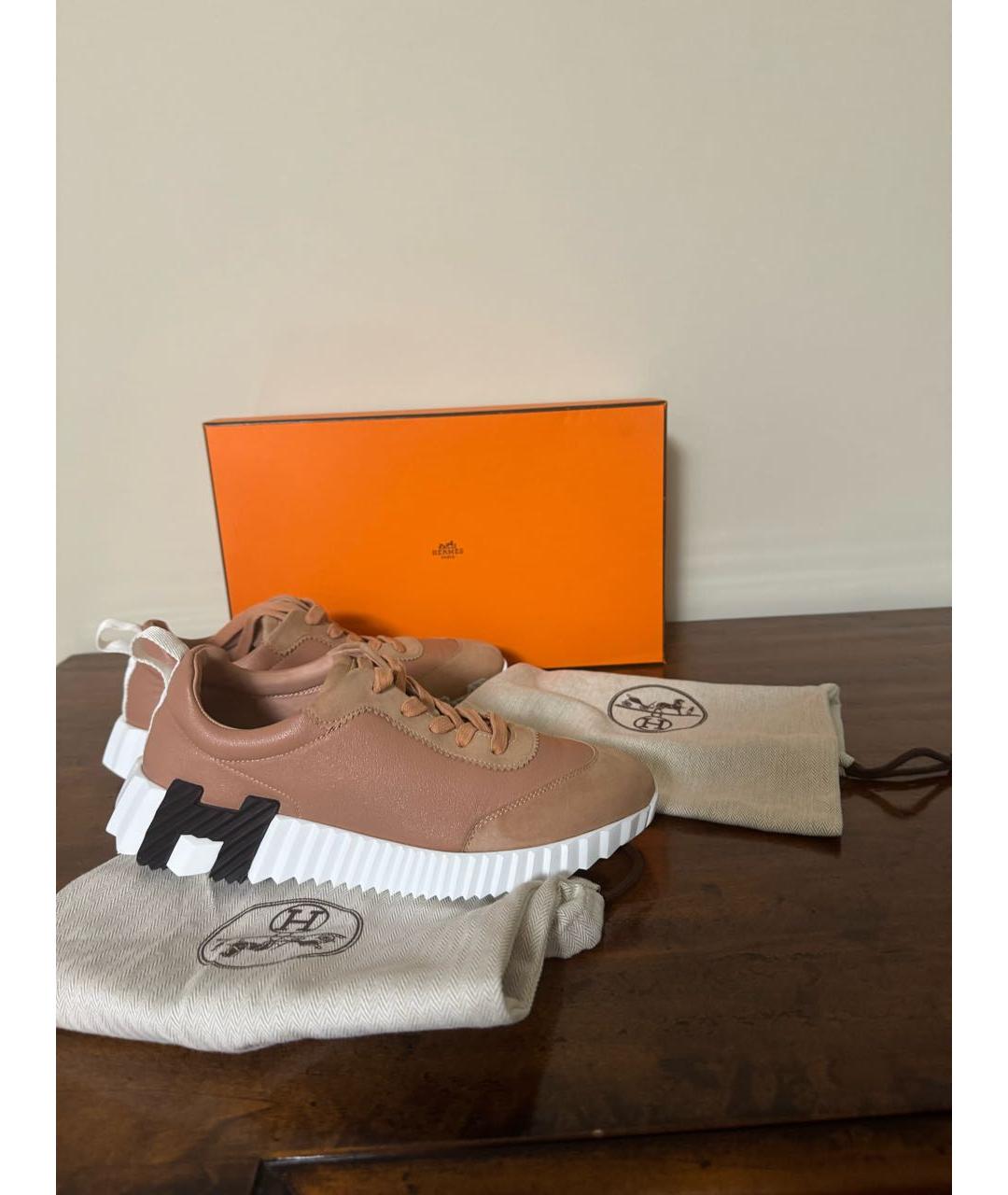 HERMES Бежевые кожаные кроссовки, фото 8