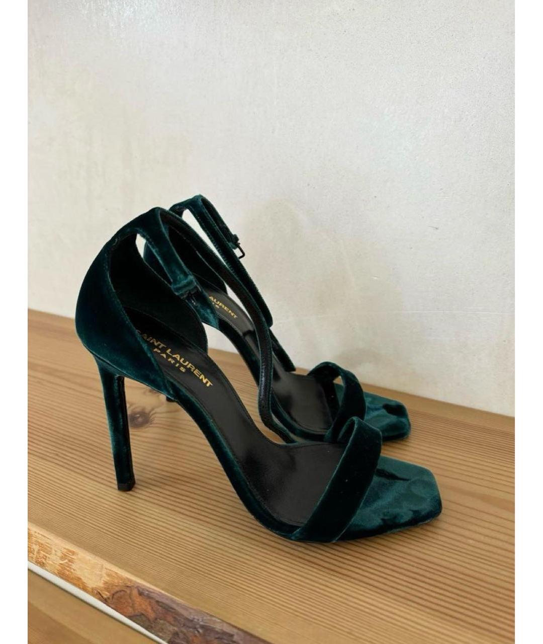 SAINT LAURENT Зеленые бархатные босоножки, фото 5