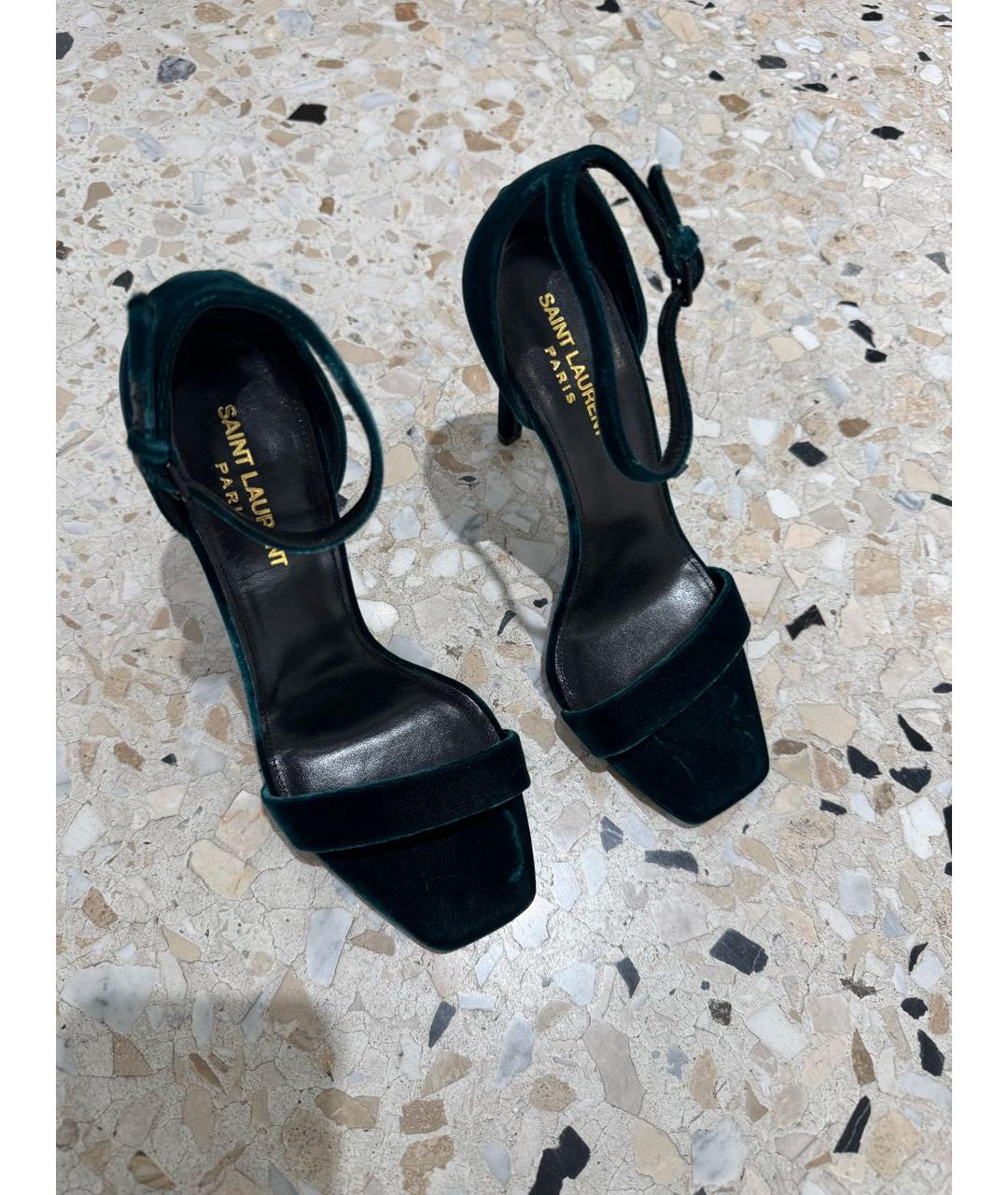SAINT LAURENT Зеленые бархатные босоножки, фото 2