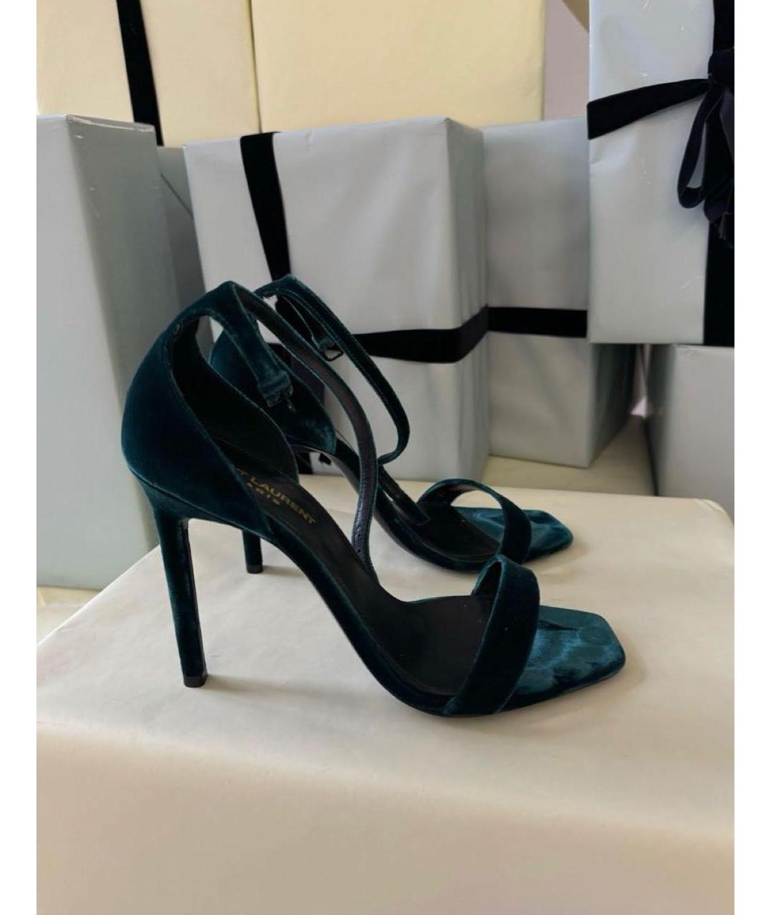 SAINT LAURENT Зеленые бархатные босоножки, фото 4