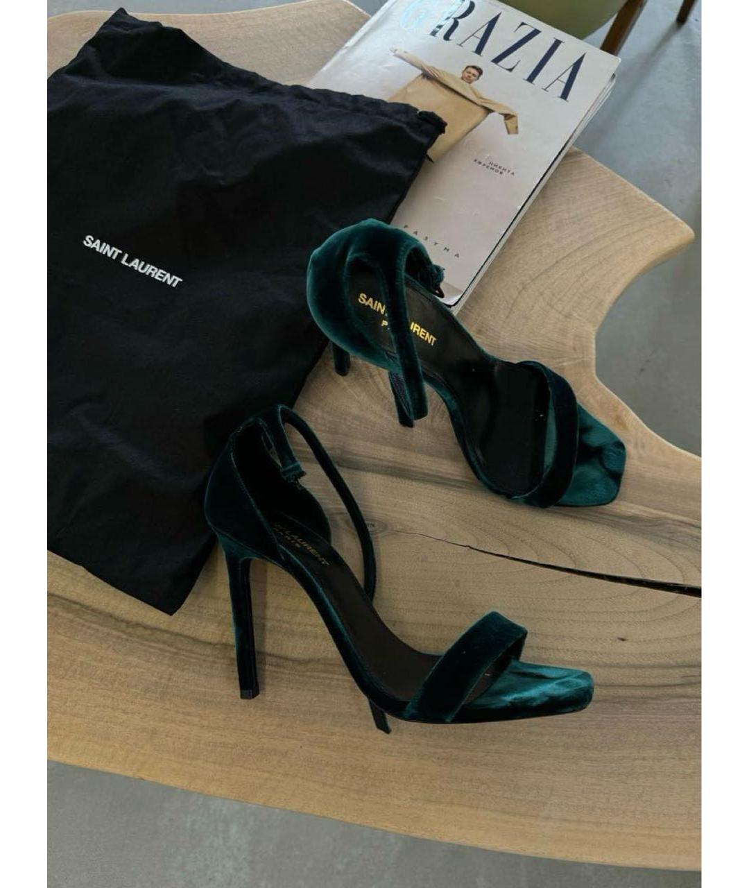 SAINT LAURENT Зеленые бархатные босоножки, фото 7