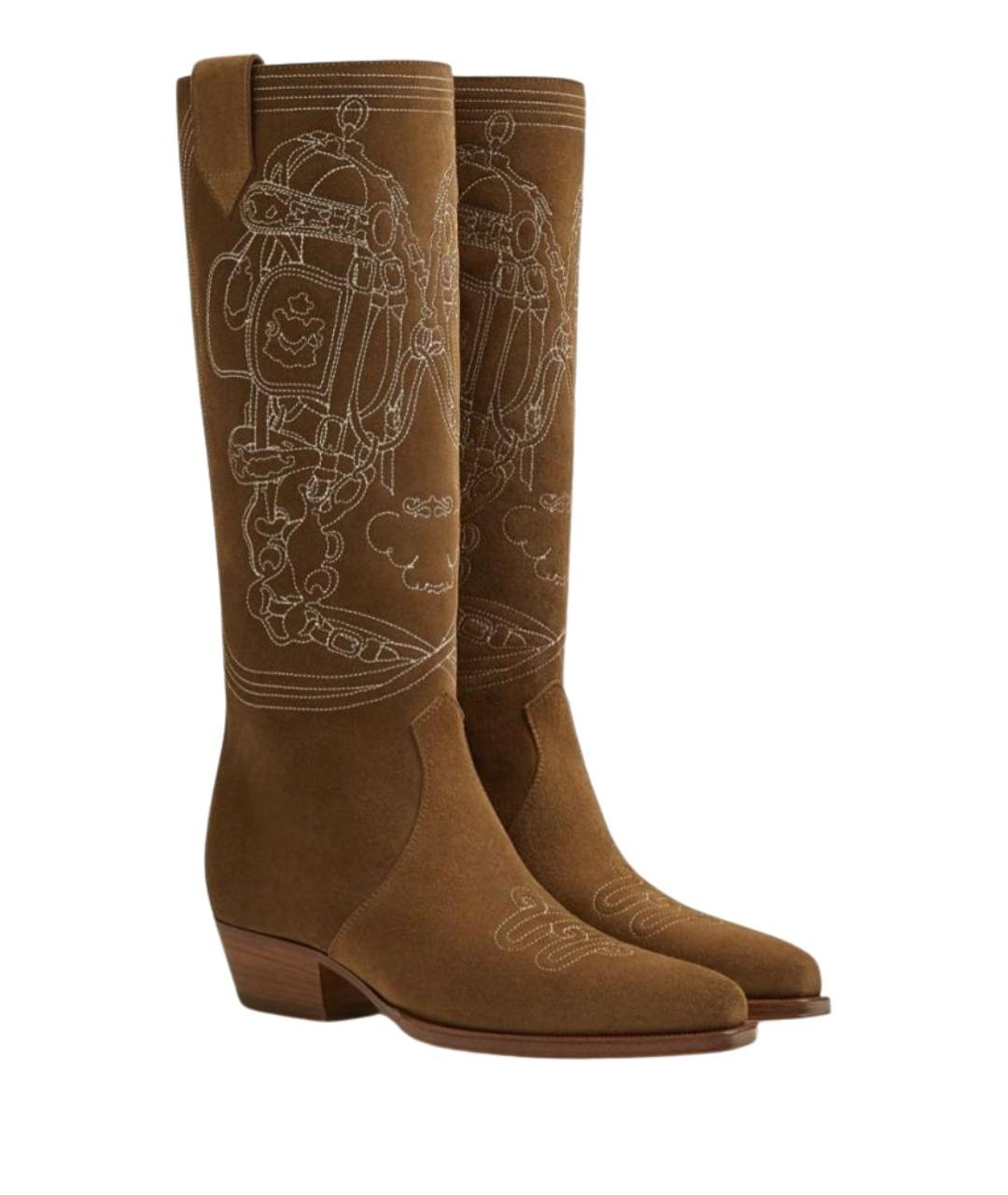 HERMES Коричневые замшевые сапоги, фото 1