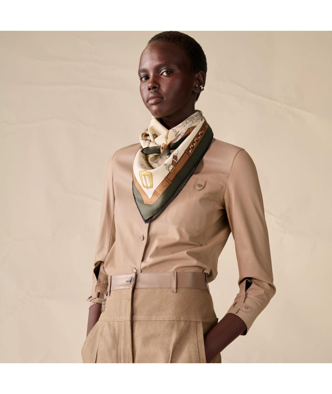HERMES Бежевый шелковый платок, фото 2