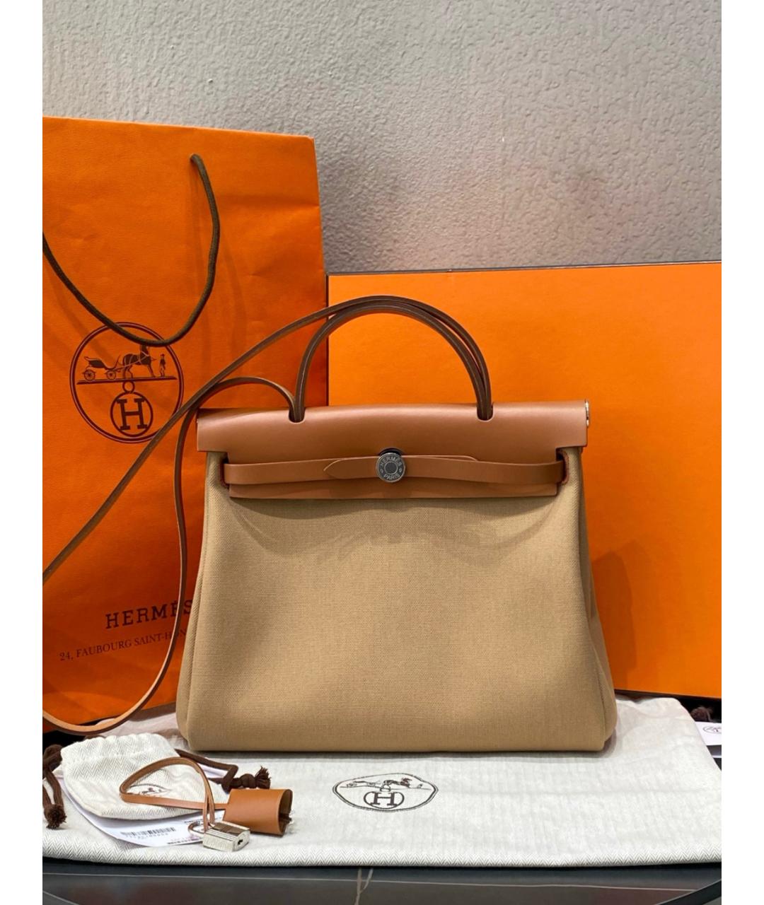HERMES Бежевая тканевая сумка с короткими ручками, фото 10