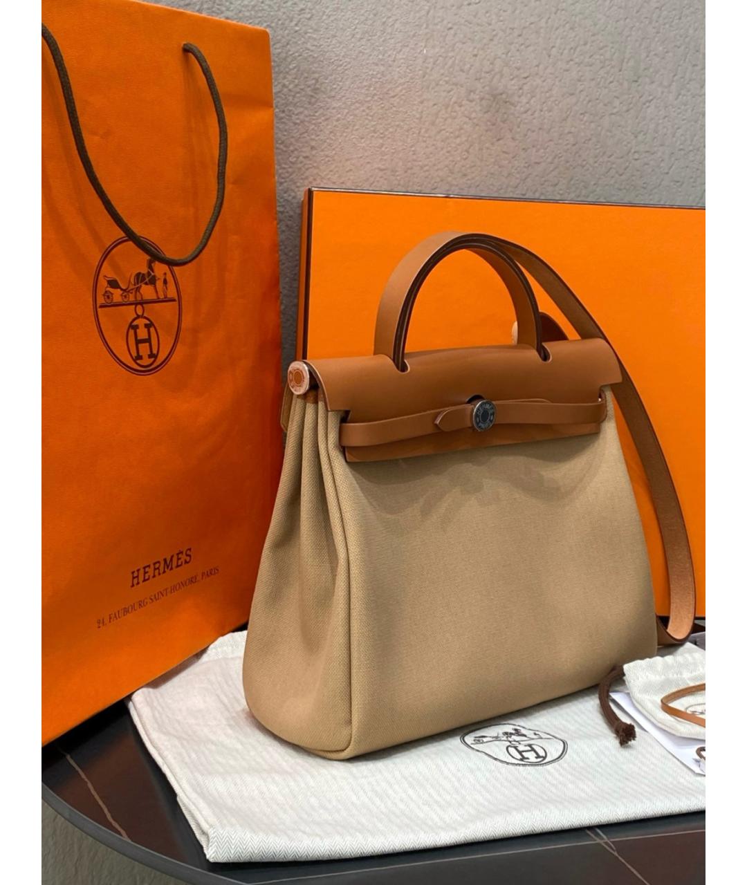 HERMES Бежевая тканевая сумка с короткими ручками, фото 5