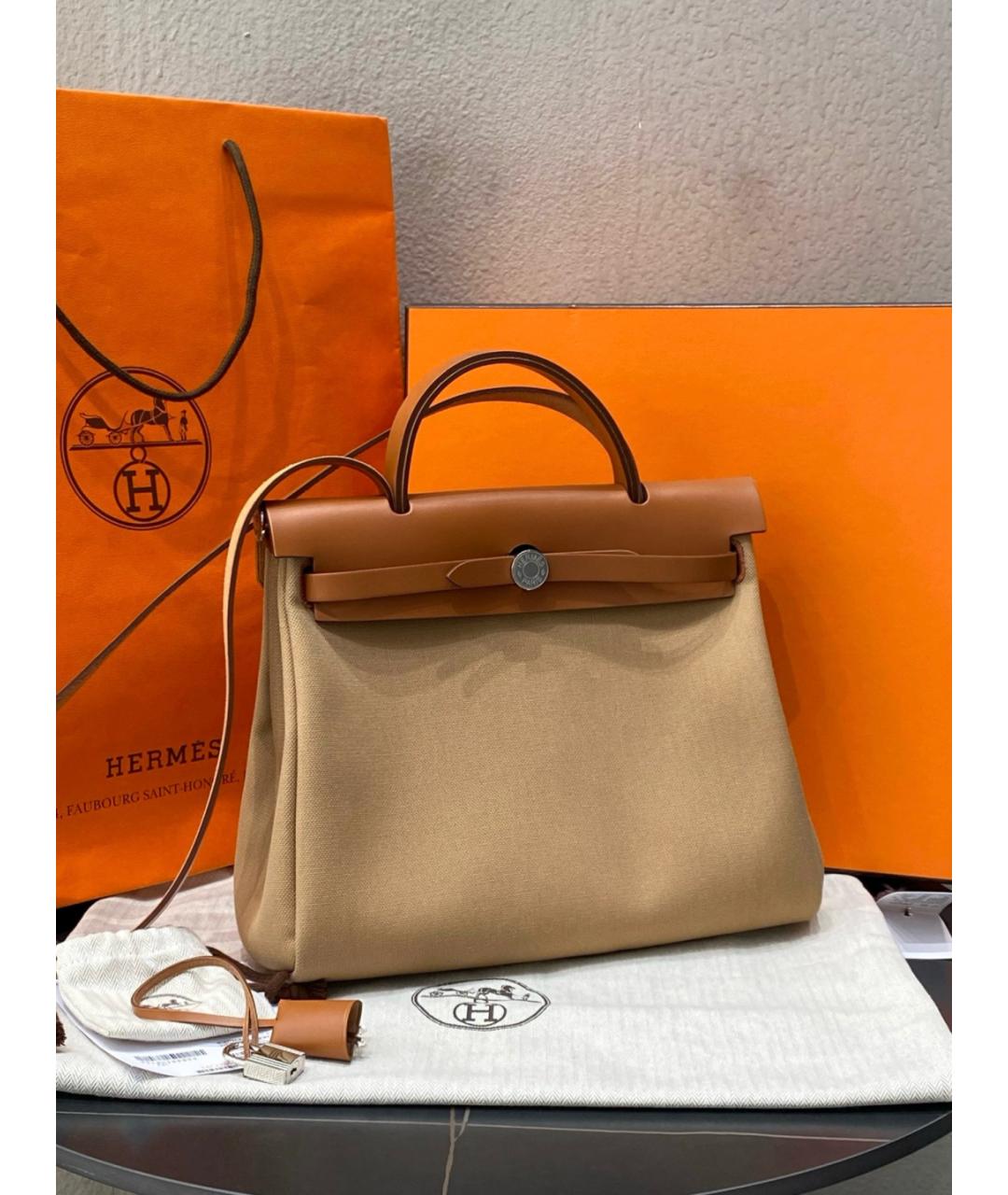 HERMES Бежевая тканевая сумка с короткими ручками, фото 4