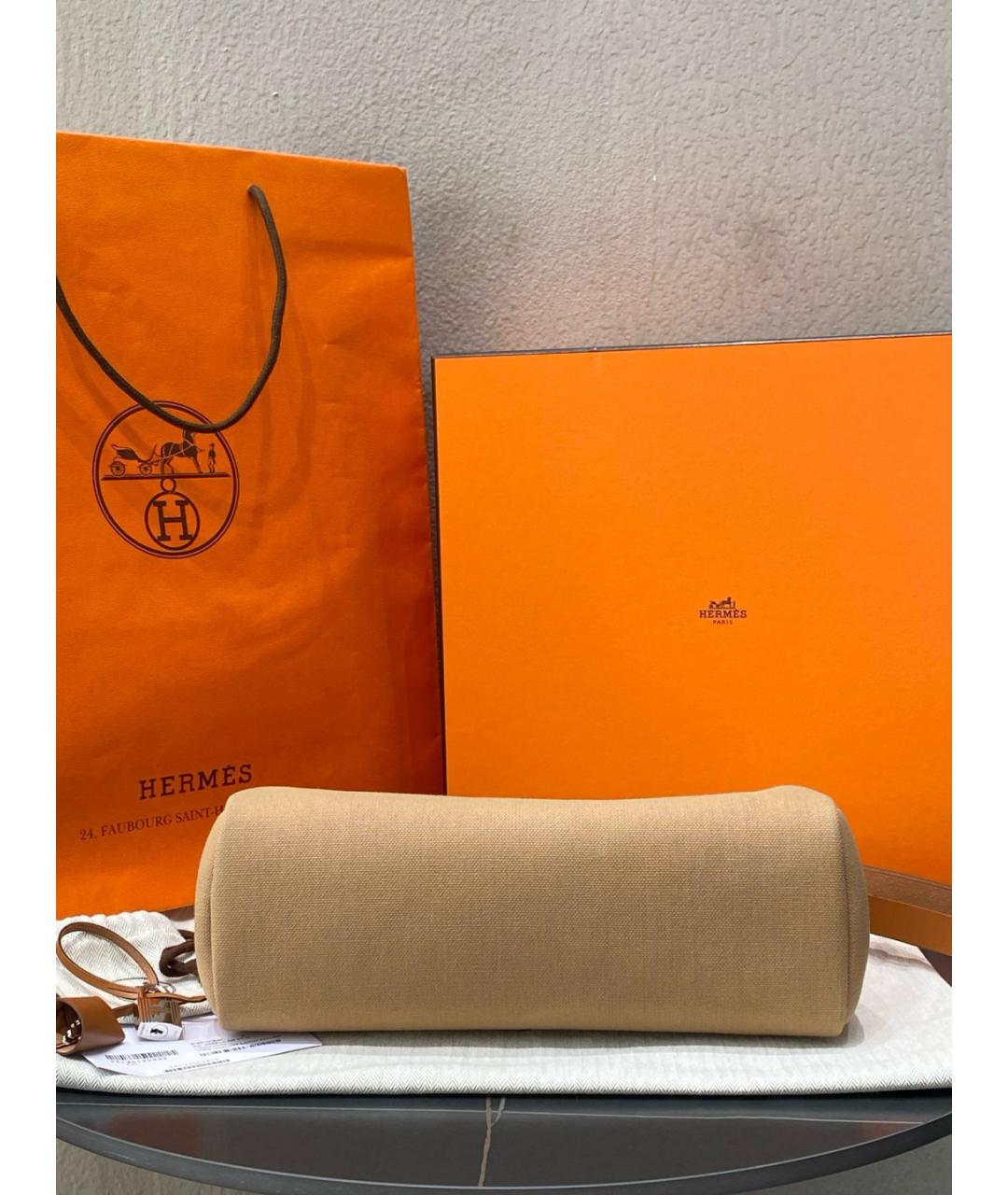HERMES Бежевая тканевая сумка с короткими ручками, фото 7