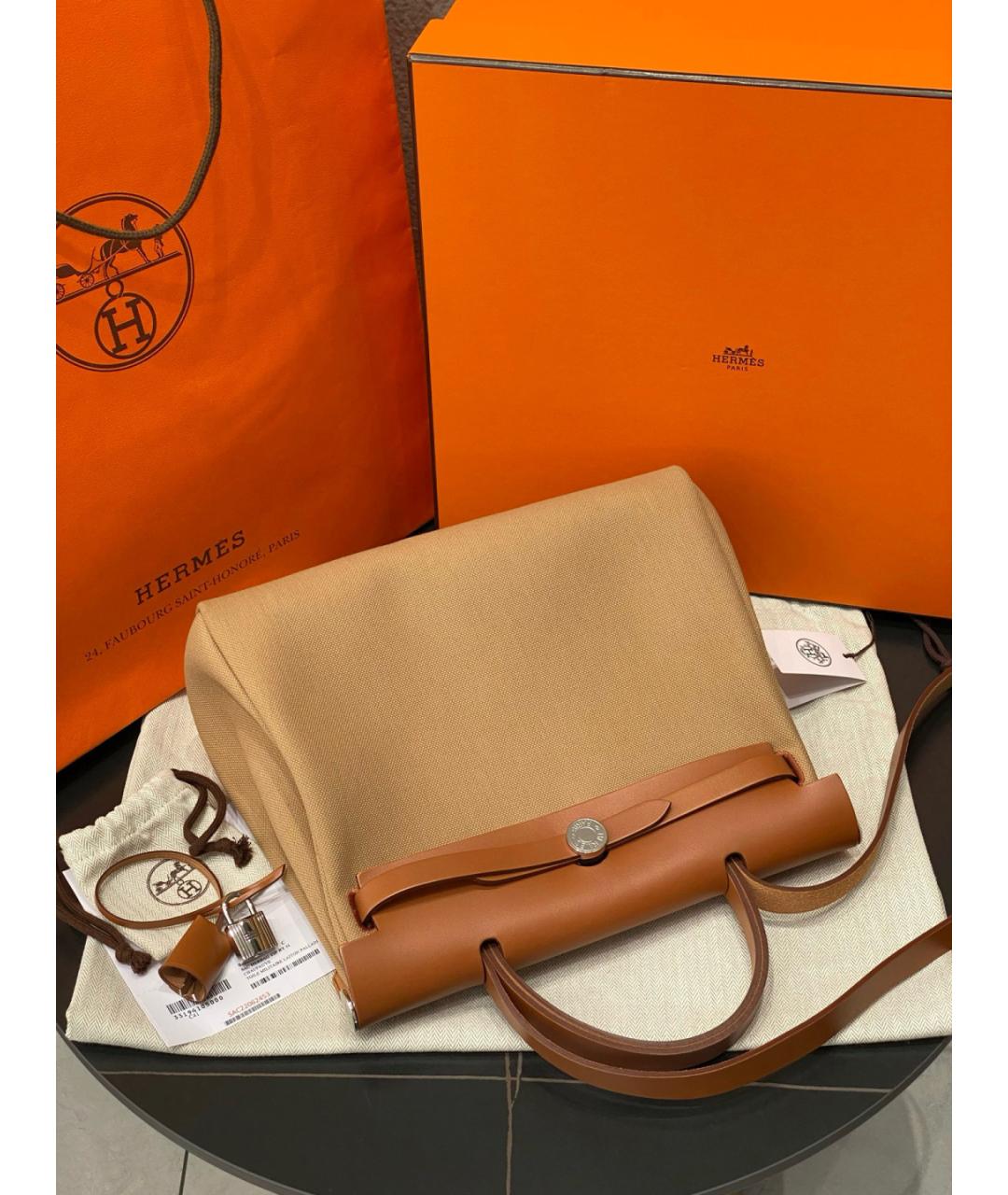 HERMES Бежевая тканевая сумка с короткими ручками, фото 6