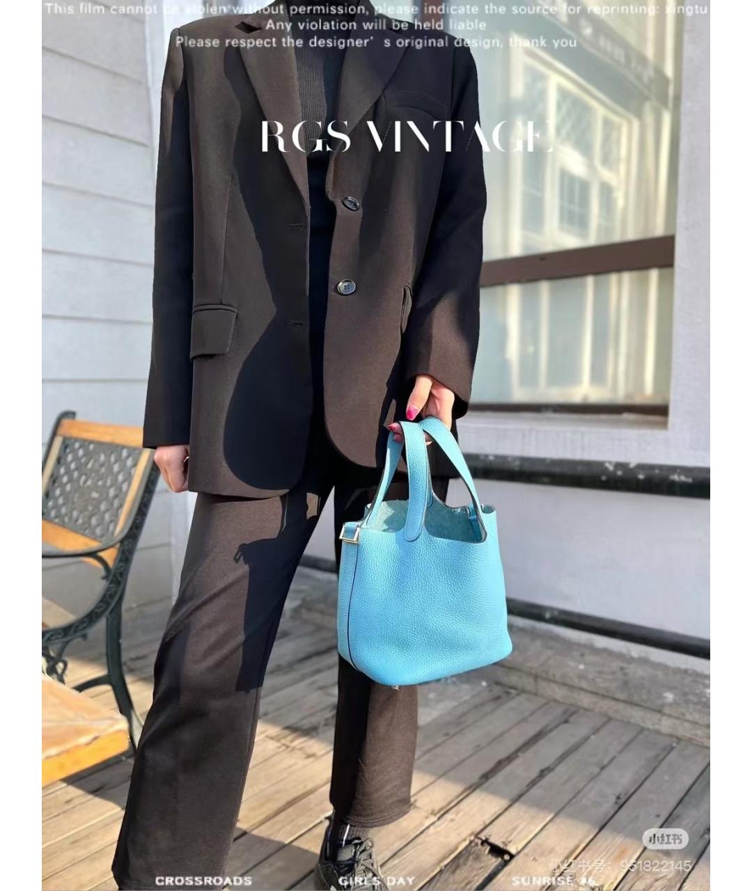 HERMES Голубая кожаная сумка тоут, фото 6