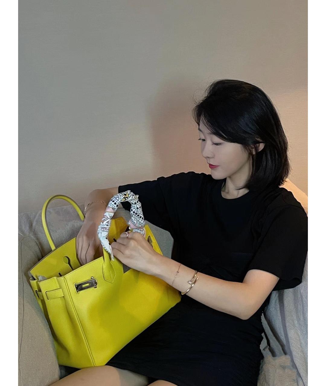 HERMES Желтая кожаная сумка с короткими ручками, фото 6