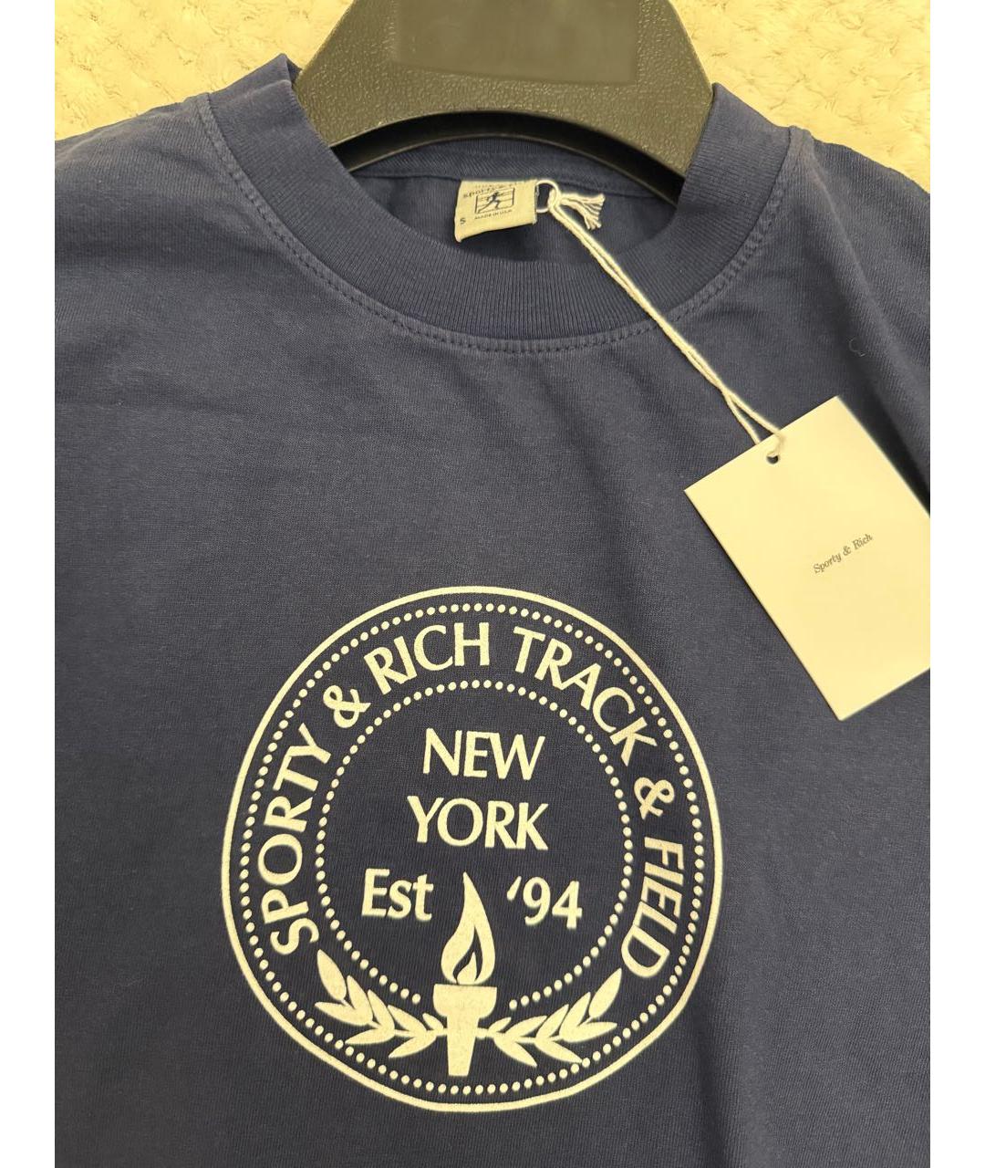 SPORTY AND RICH Темно-синяя хлопковая футболка, фото 3