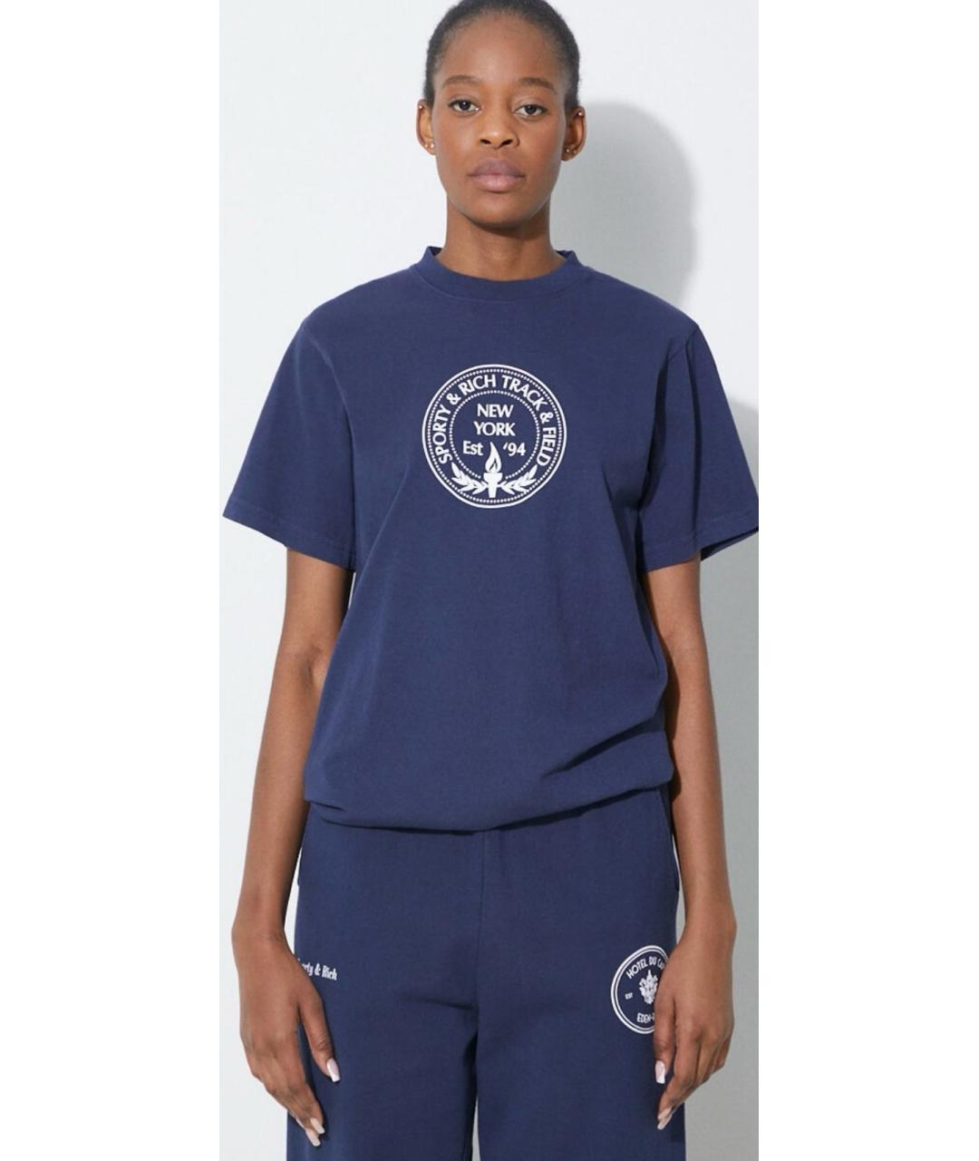 SPORTY AND RICH Темно-синяя хлопковая футболка, фото 7