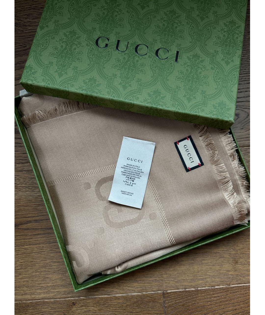GUCCI Бежевый шелковый платок, фото 2