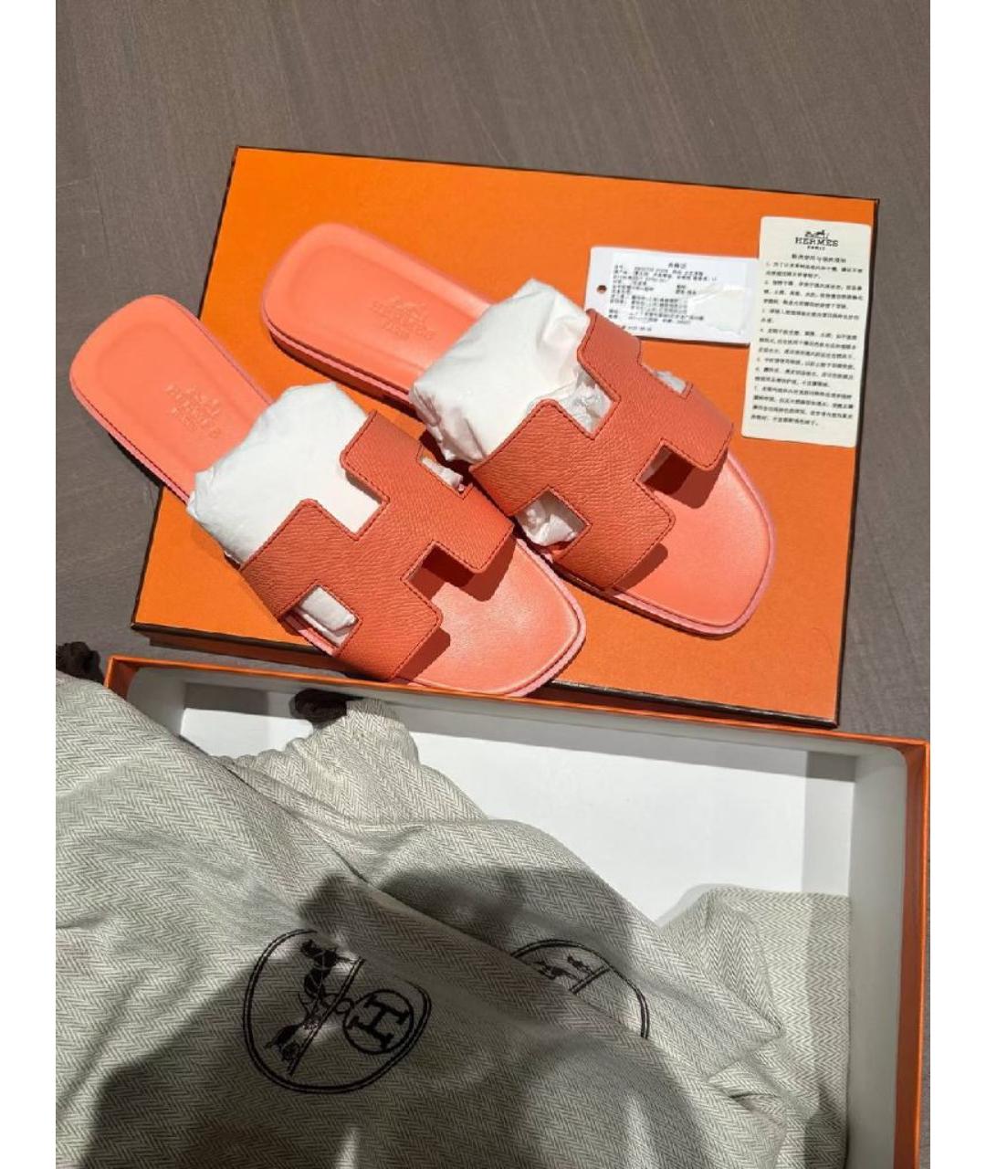 HERMES Оранжевое кожаные шлепанцы, фото 2