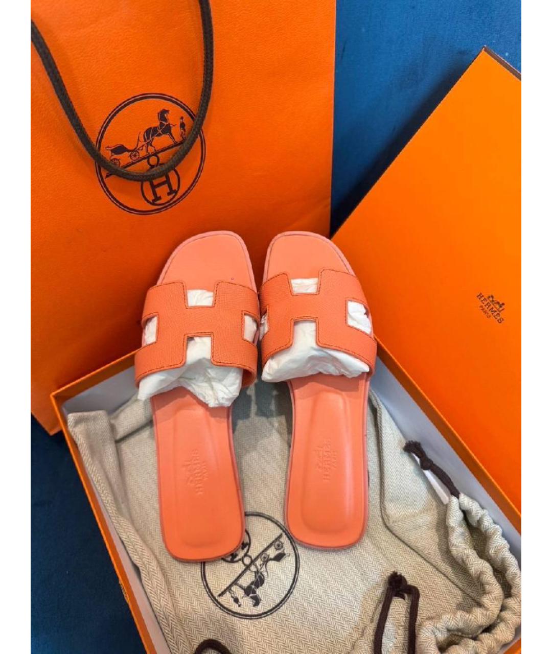HERMES Оранжевое кожаные шлепанцы, фото 3