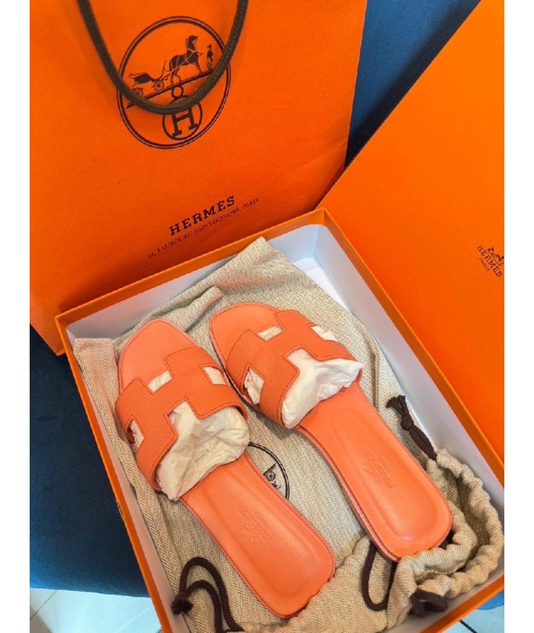 HERMES Оранжевое кожаные шлепанцы, фото 4