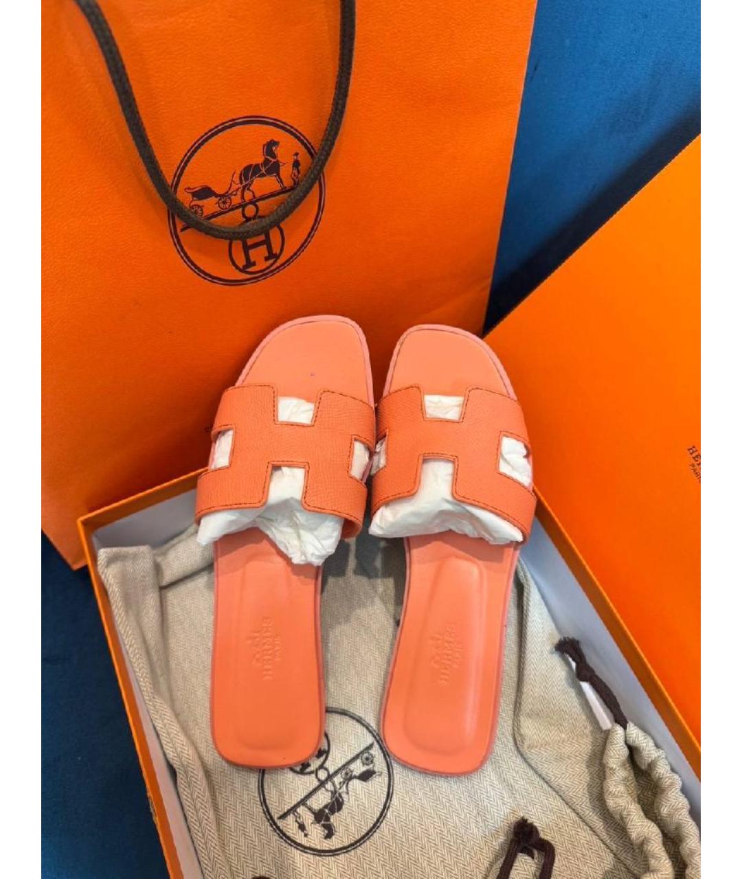 HERMES Оранжевое кожаные шлепанцы, фото 5