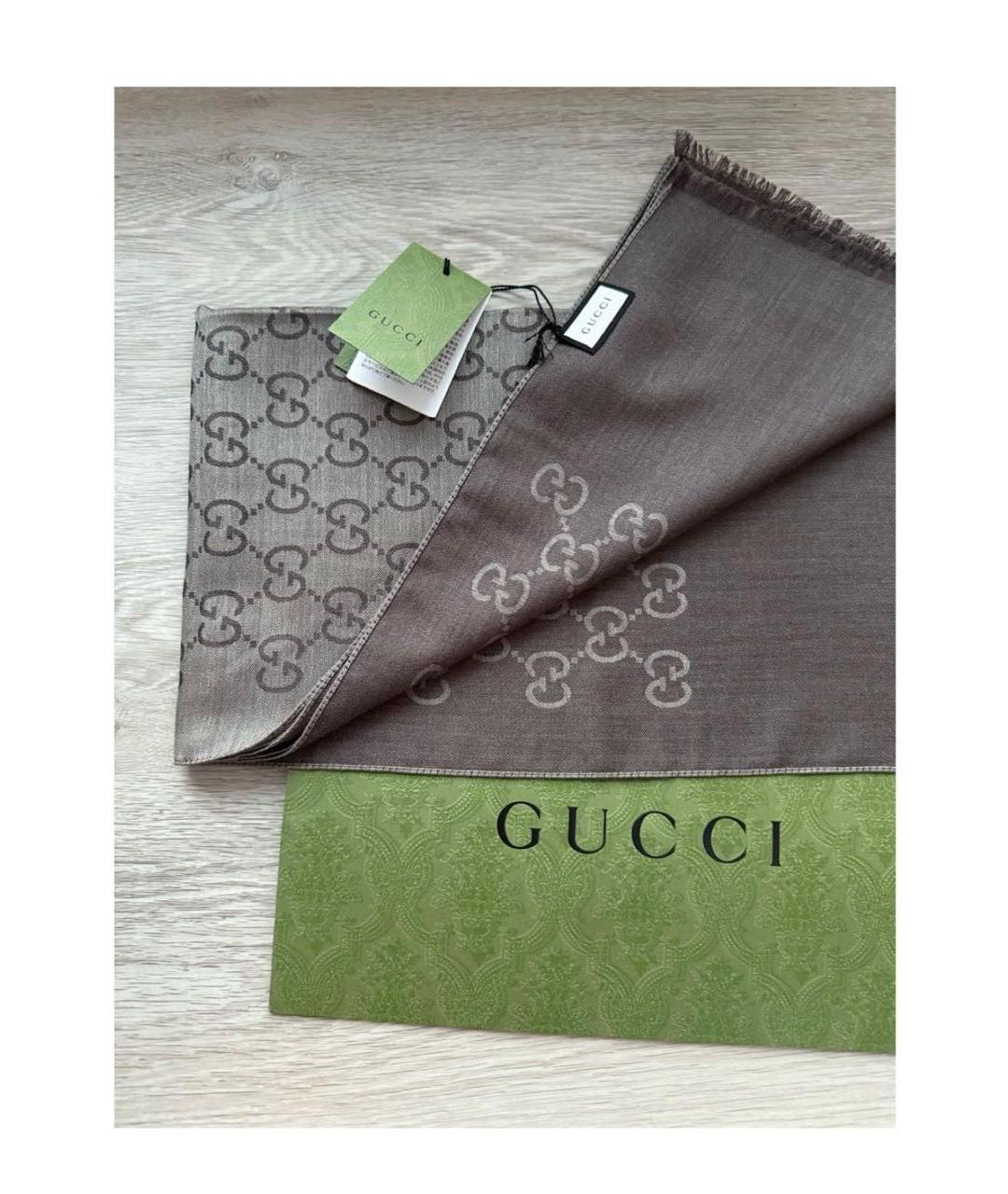 GUCCI Коричневый шерстяной шарф, фото 2