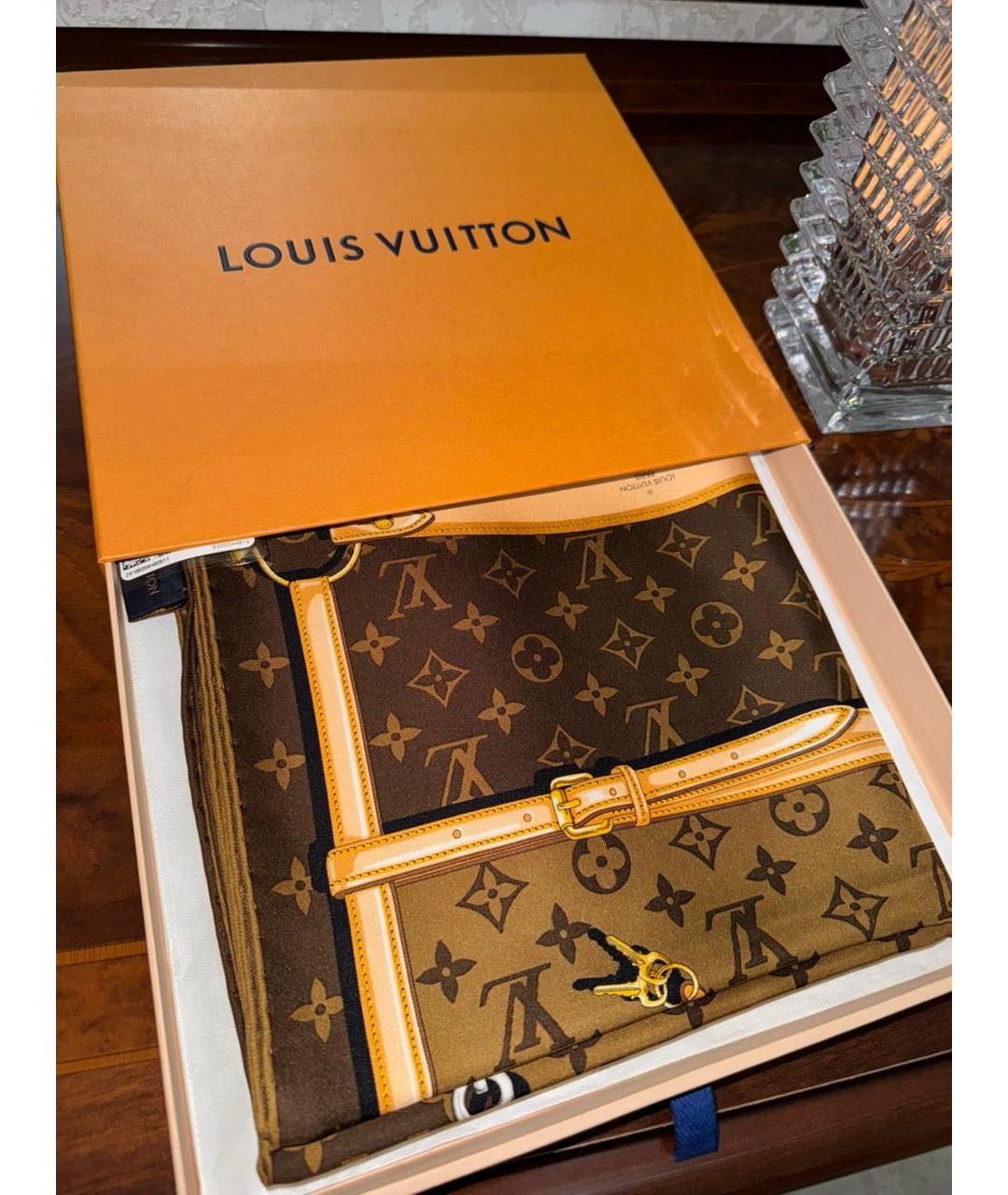 LOUIS VUITTON Коричневый шелковый платок, фото 2