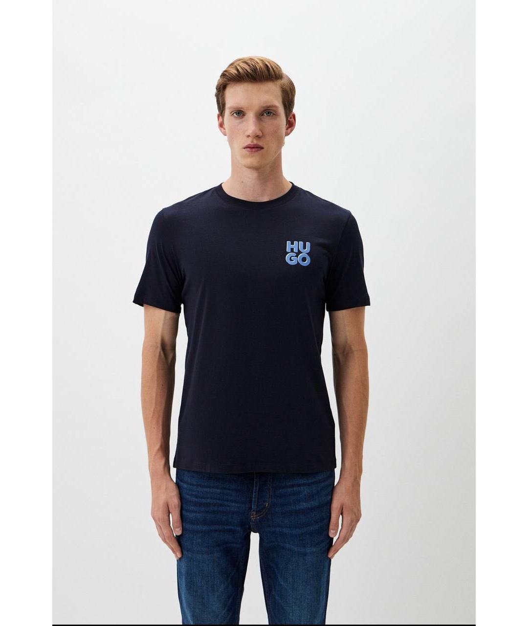 HUGO Темно-синяя хлопковая футболка, фото 3
