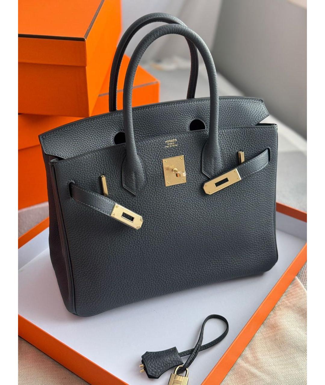 HERMES Антрацитовая кожаная сумка с короткими ручками, фото 9