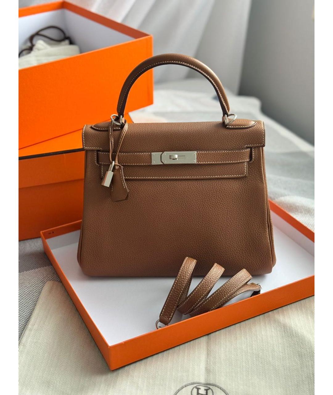 HERMES Коричневая кожаная сумка с короткими ручками, фото 5
