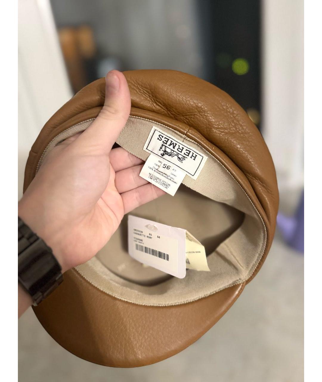 HERMES Коричневая кожаная кепка, фото 4