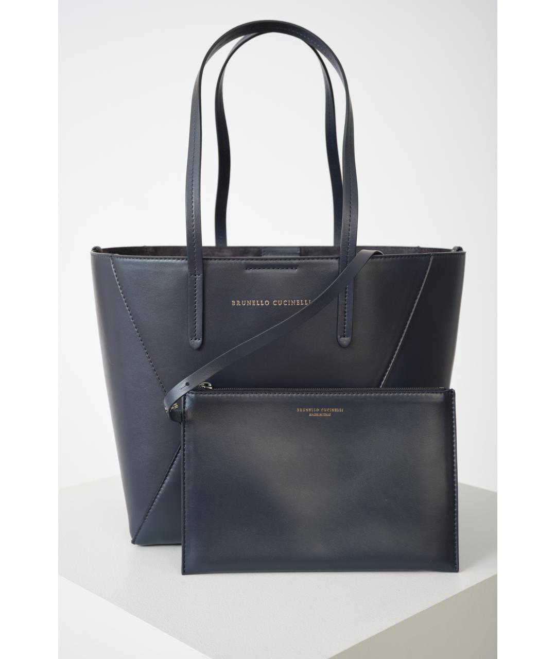 BRUNELLO CUCINELLI Темно-синяя кожаная сумка тоут, фото 2
