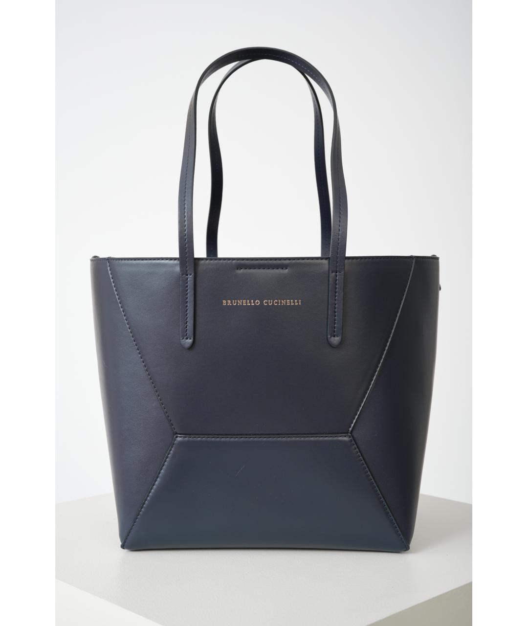 BRUNELLO CUCINELLI Темно-синяя кожаная сумка тоут, фото 9