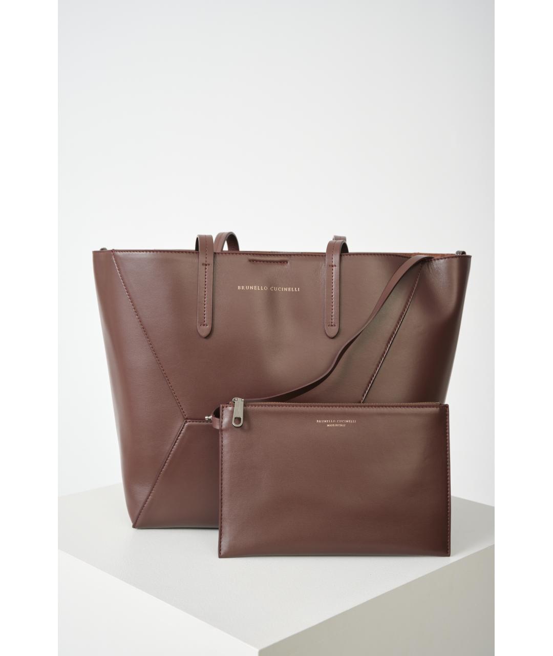 BRUNELLO CUCINELLI Бордовая кожаная сумка тоут, фото 8