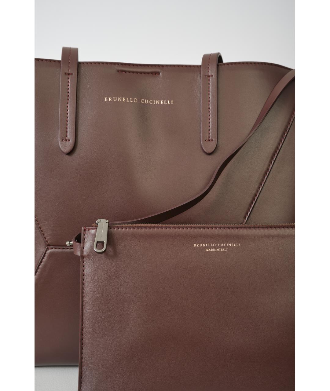 BRUNELLO CUCINELLI Бордовая кожаная сумка тоут, фото 9