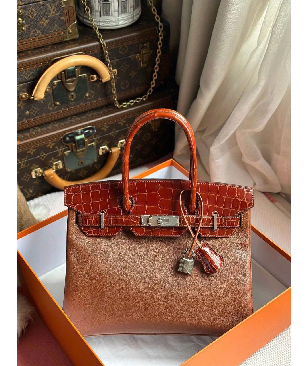 HERMES Коричневая сумка с короткими ручками из экзотической кожи, фото 6