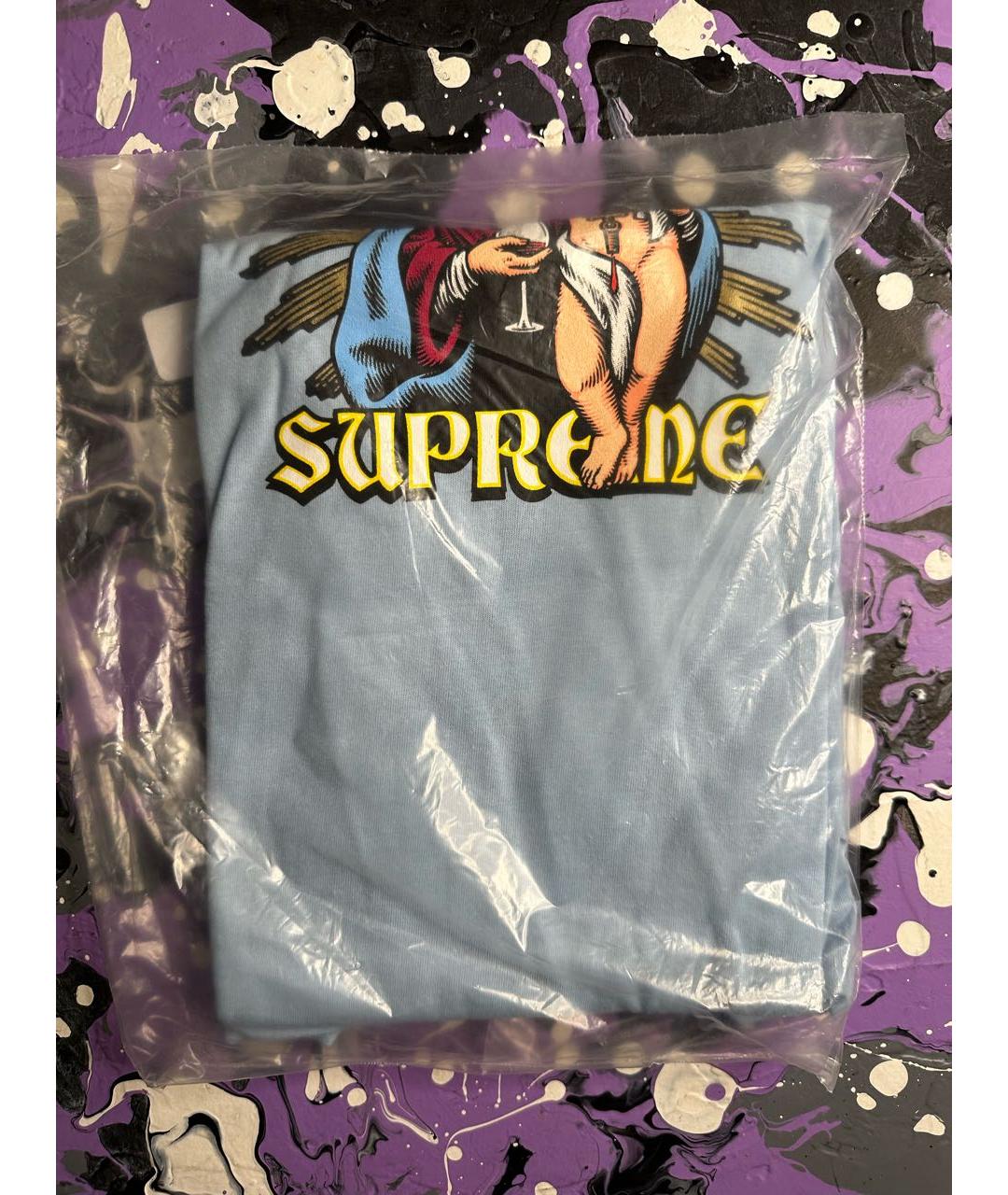 SUPREME Голубая хлопковая футболка, фото 3