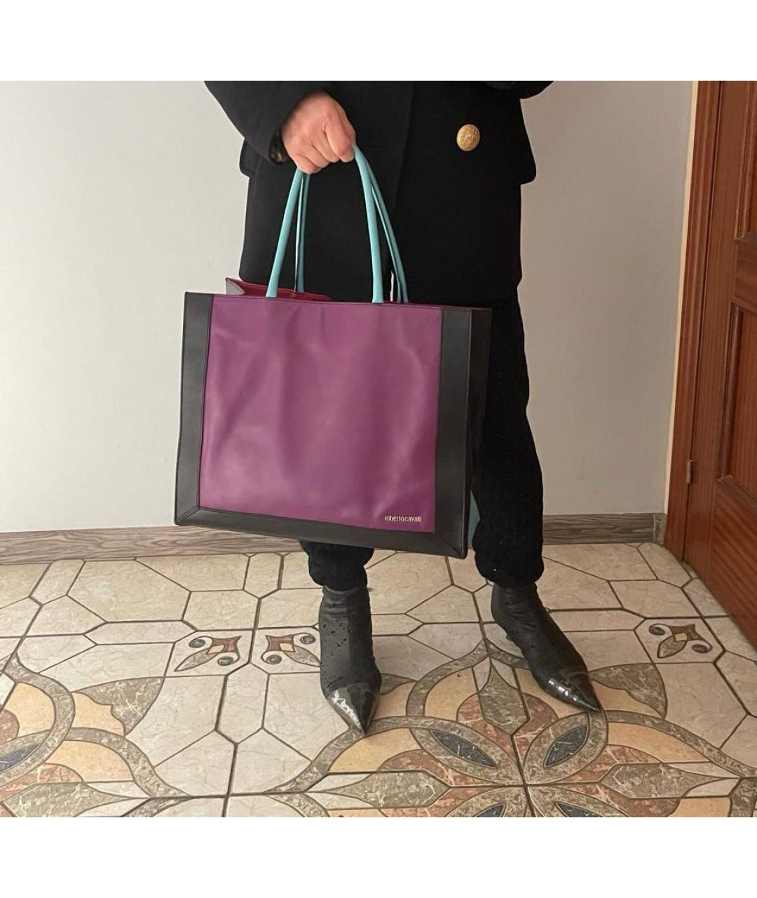 ROBERTO CAVALLI Фиолетовая кожаная сумка тоут, фото 4