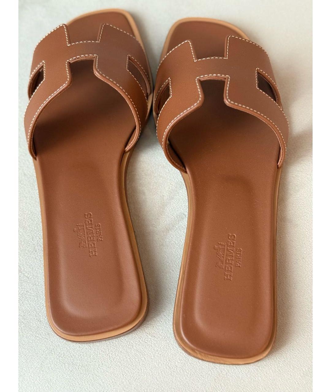 HERMES Коричневые кожаные шлепанцы, фото 6