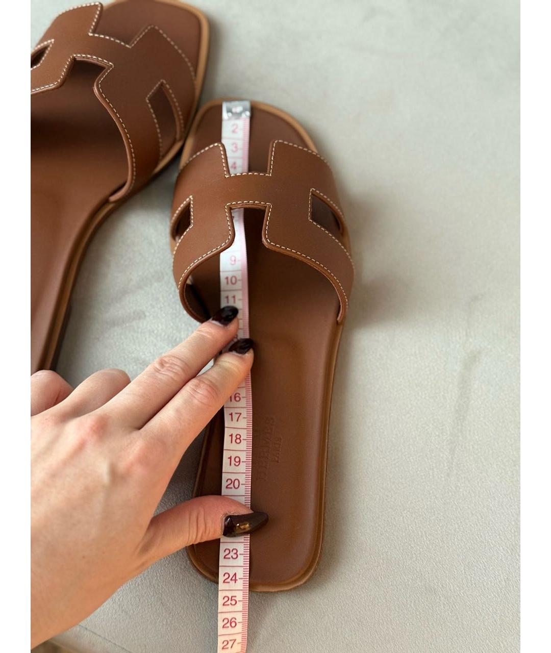 HERMES Коричневые кожаные шлепанцы, фото 5