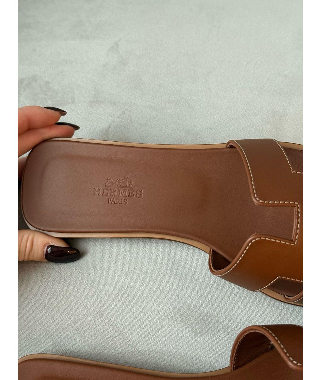 HERMES Коричневые кожаные шлепанцы, фото 3