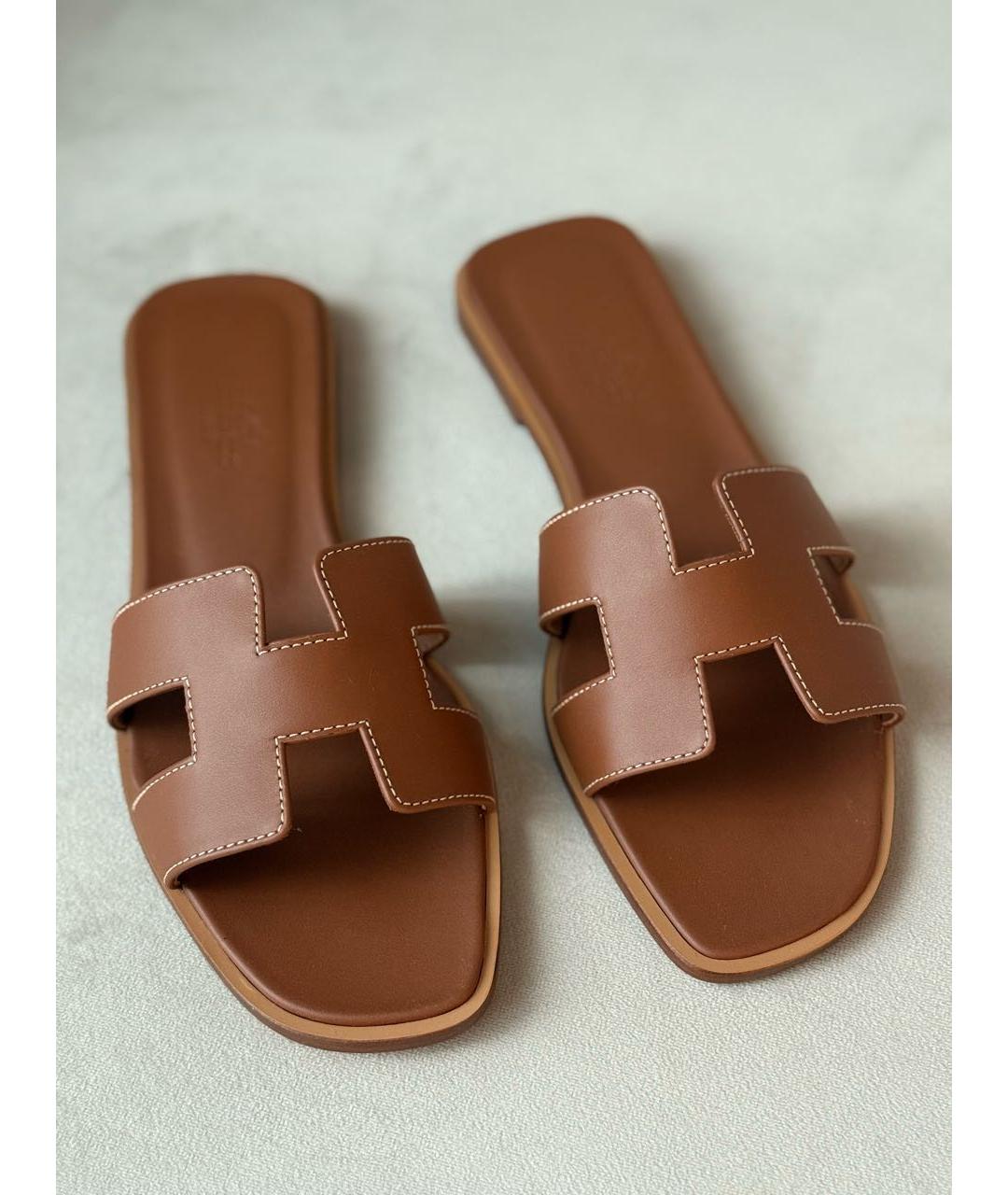 HERMES Коричневые кожаные шлепанцы, фото 2