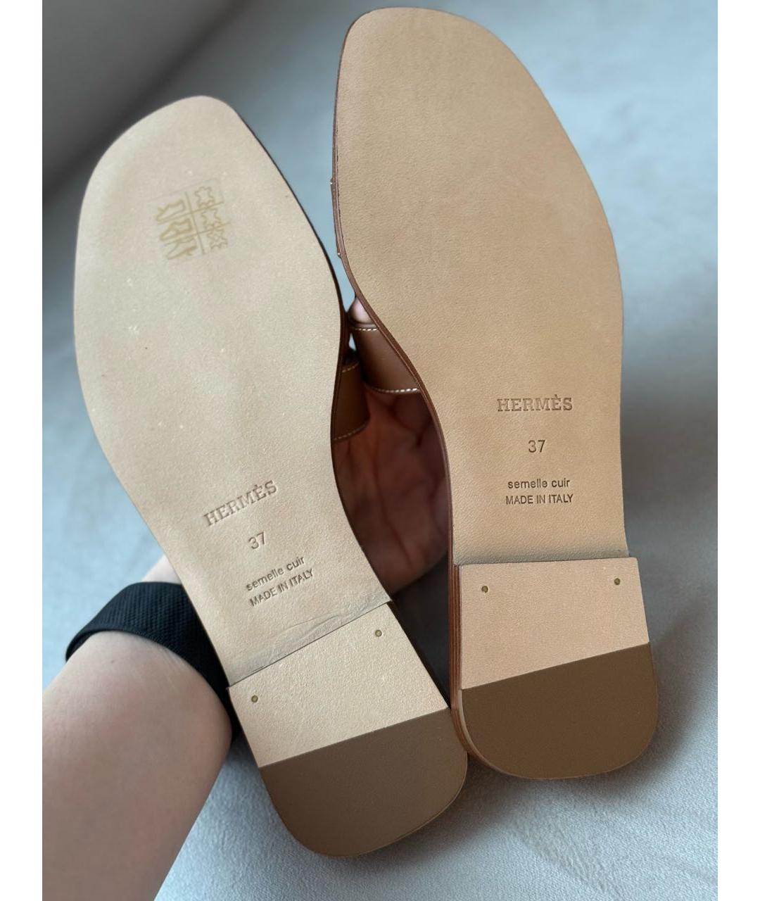 HERMES Коричневые кожаные шлепанцы, фото 7