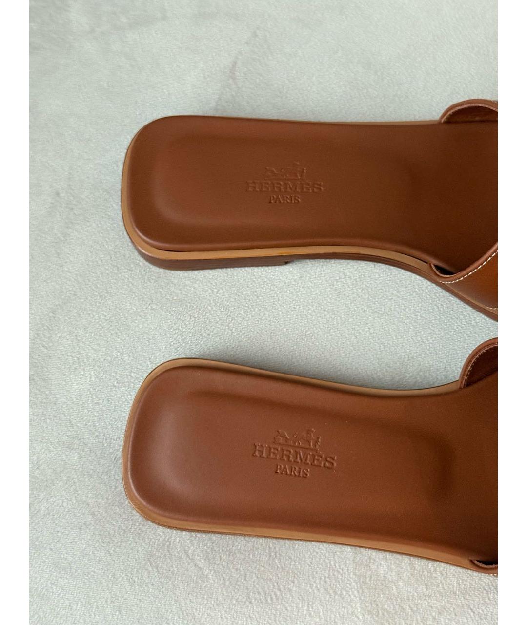 HERMES Коричневые кожаные шлепанцы, фото 8
