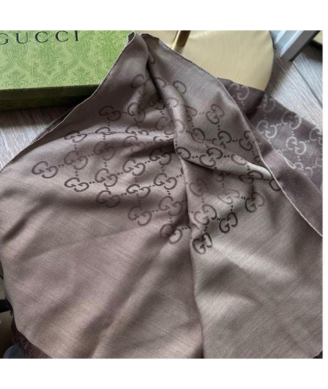 GUCCI Коричневый шерстяной шарф, фото 4