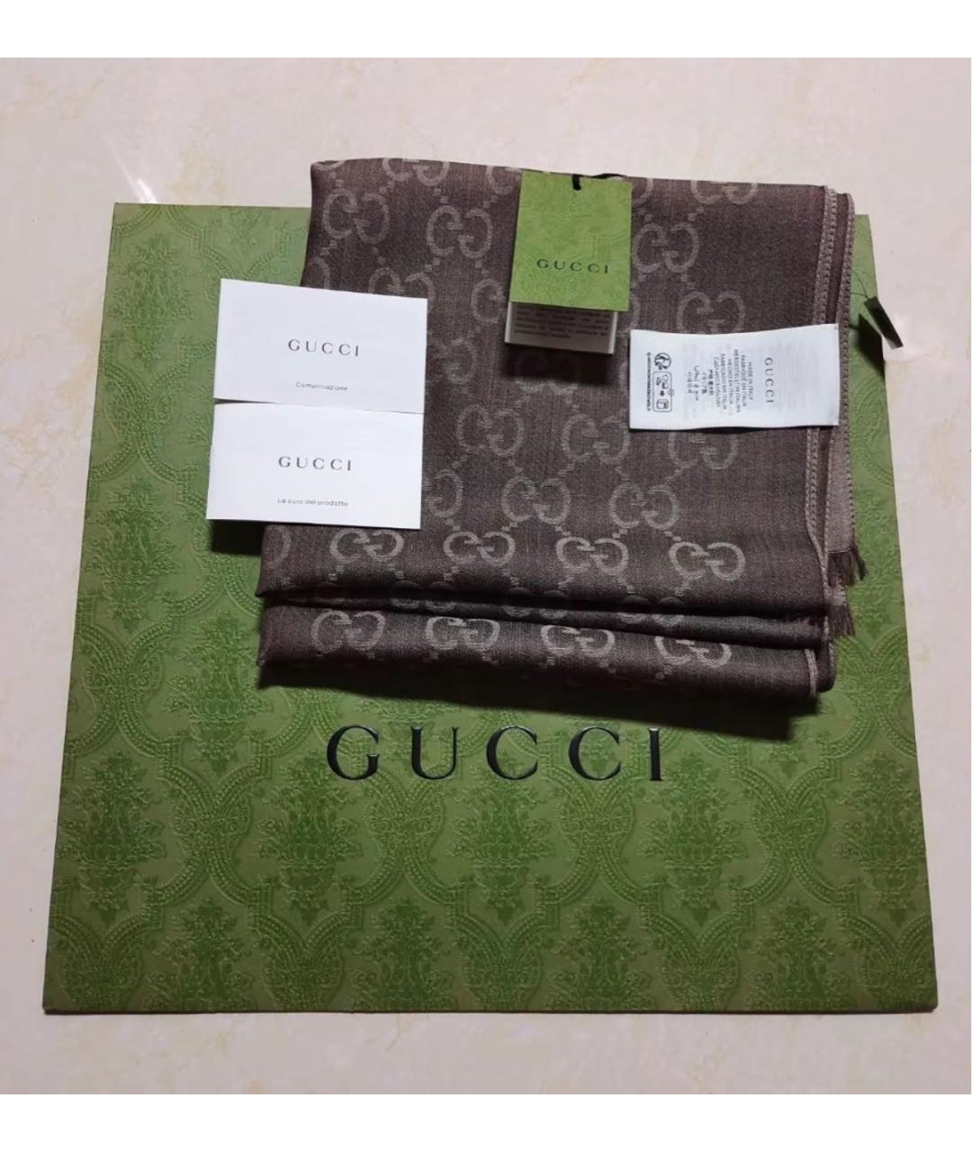 GUCCI Коричневый шерстяной шарф, фото 2