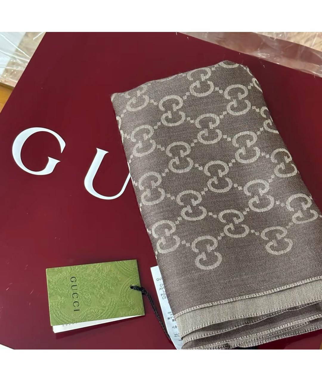 GUCCI Коричневый шерстяной платок, фото 2