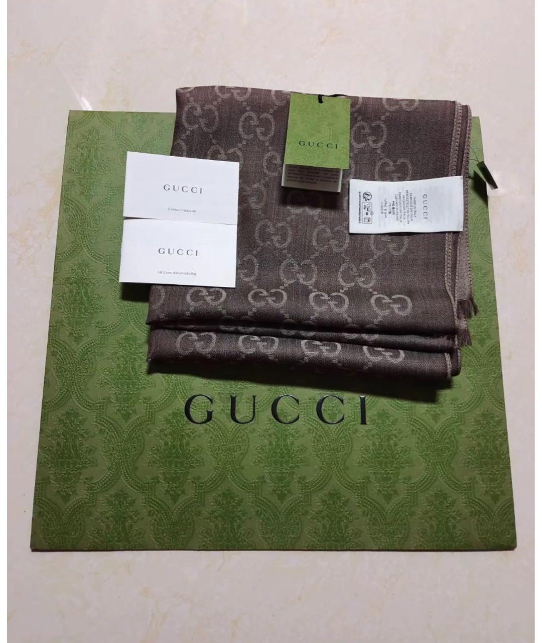 GUCCI Коричневый шерстяной платок, фото 4