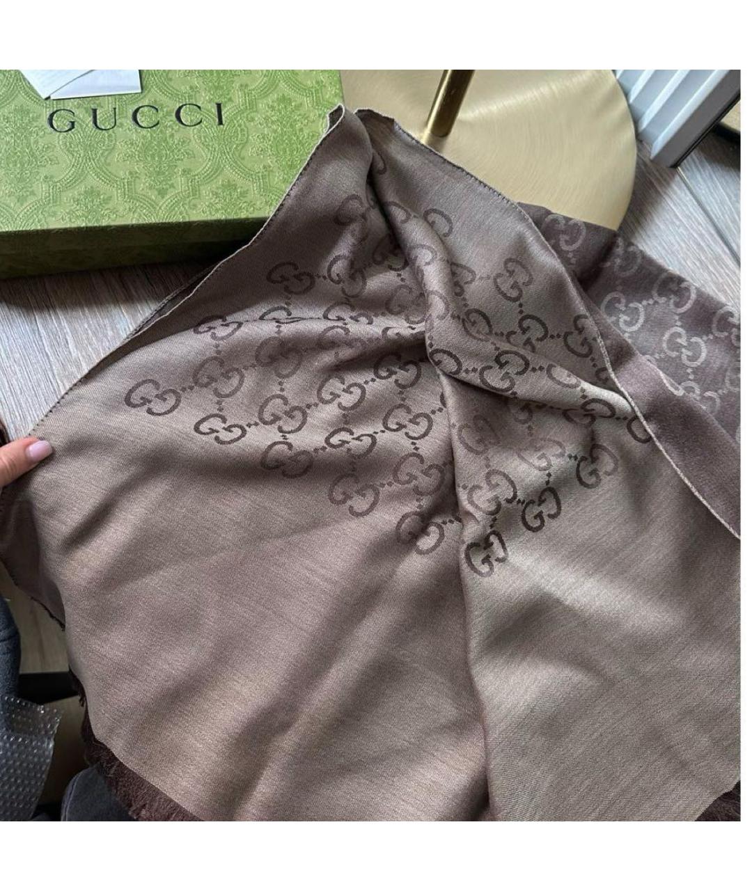 GUCCI Коричневый шерстяной платок, фото 6