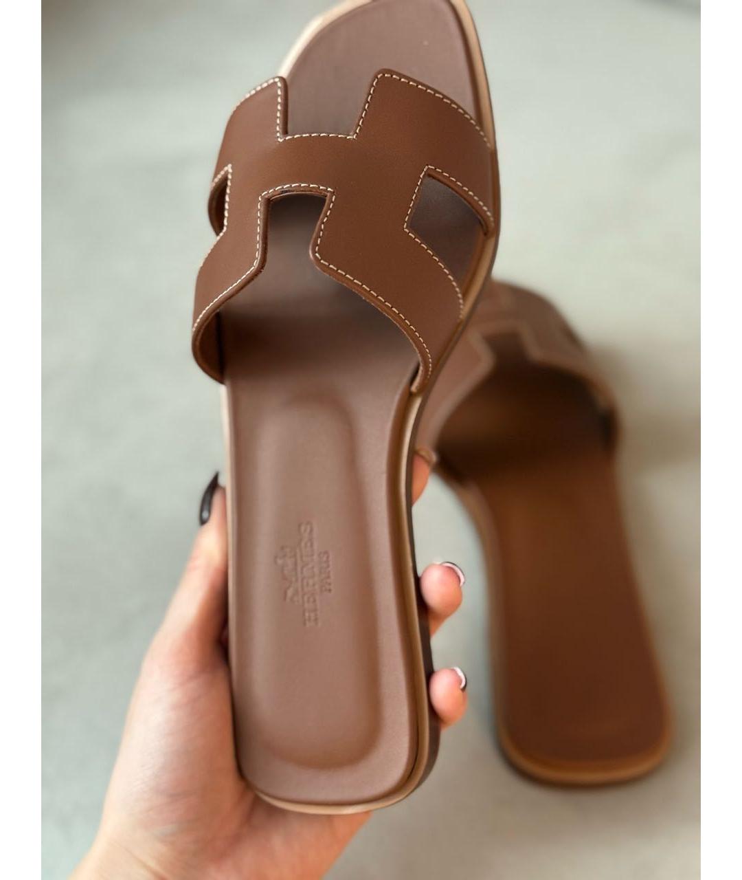 HERMES Коричневые кожаные шлепанцы, фото 7