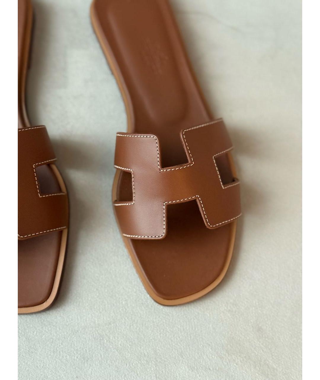 HERMES Коричневые кожаные шлепанцы, фото 5